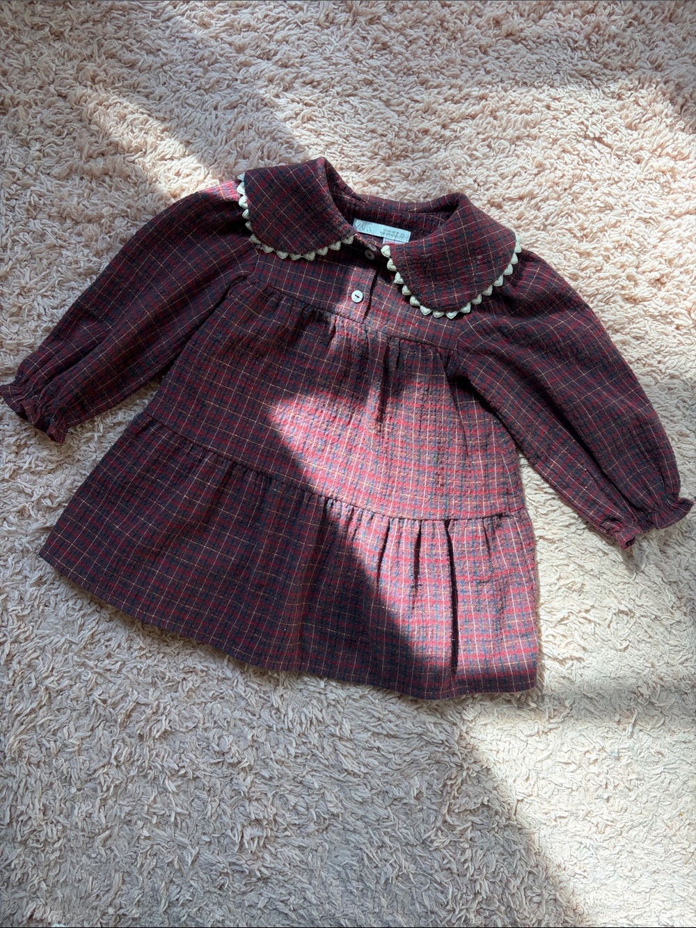 Zara Plaid Burgundy Kids Dress with Decorative Collar